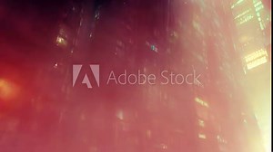 Animation of an abstract oil painting of synthwave futuristic cityscape in retro sci fi drawings. Digital image painted of starships and buildings with a glow neon city in surreal style.