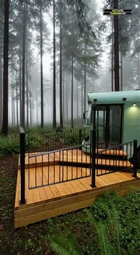 Old Bus Turned Into Modern Forest Cabin Prompt 4K HD cinematic time lapse of an abandoned bus be