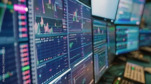 A series of computer monitors lined up side by side on a desk, displaying different screens and graphics, Videos of stocks and shares displayed on multiple computer screens