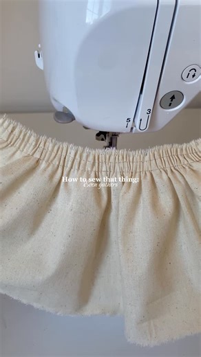 @shedesignsthings on Instagram: "Want perfect gathers everytime? This is my favourite method to use 🪡 How to sew even gathers: -Cut your piece as instructed or 1.5/2x the length of the piece you’re attaching to (depending on how gathered you like it) -increase stitch length to 5 -sew a line 0.5cm from the edge and 1.5cm from the edge.. make sure to leave LONG THREAD TAILS!! -secure the threads at one end using a pin -pick up the two top threads from the opposite end and start pulling to gather 