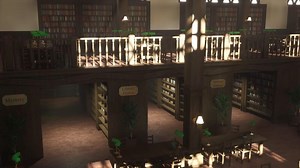 Library interior with labeled genre sections including mystery, literary fiction and SF. Tall wooden bookshelves filled with books, providing organized access to diverse literary categories