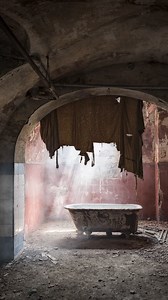 Bathtub for Cuties Deep in the basement of an once-proud villa in Italy, this bathtub waits beneath a heavy vaulted ceiling. The room is raw and scarred: flaking plaster, exposed stone, faded tiles that still hint at a former sense of order. An old fabric hangs torn in the archway, barely filtering the light, as if someone once tried to separate this space from the rest of the cellar. What changes everything is the light. A narrow shaft from a cellar window cuts through dust and moisture, hittin