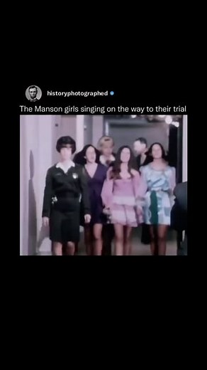 History Photographed on Instagram: "During the trial of Charles Manson and his followers, known as the “Manson girls,” the women were seen singing on their way to court. This act was part of a series of unsettling behaviors displayed by the group, which drew significant public and media attention. Their singing was seen as a sign that they were still loyal to Manson and didn’t feel sorry for the crimes they were accused of committing."