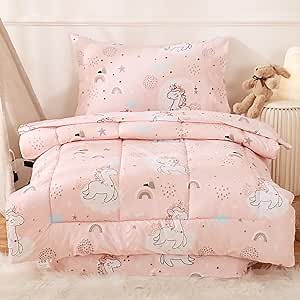 JSD Pink Unicorn Toddler Bedding Set, 4 Piece Bed-in-a-Bag Toddler Microfiber Comforter Sheet Set, Oeko-Tex Certified All Season Machine Washable