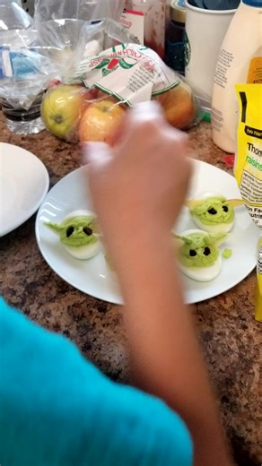 Baby #Chonilla saw a picture online of baby yoda deviled eggs on a recipe website and she just had to make it. #babyyoda #bayodalol #eggs #babyyoda