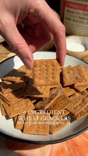 RECIPE: WHEAT THINS (makes ~60 crackers) 1 1/4 cup Bob’s Red Mill 100% Stone Ground Whole Wheat Flour 1/2 tsp salt plus more for topping 1 tbsp brown sugar 1/2 tsp sweet paprika 4 tbsp unsalted butter, cut into cubes (softened) 1/4 cup water Add the flour, salt, brown sugar and paprika to a food processor and pulse to combine. Add the butter and pulse until incorporated. Add the water and pulse just until the dough sticks together between your fingers. Shape into a rectangle, wrap in plastic wra