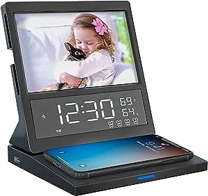 Digital Alarm Clock FM Radio,15W Wireless Charger Station for iPhone/Samsung Galaxy,5 Level Dimmer,10 Wake Up Sounds,Bedside Night Light,Photo Frame,Temperature Humidity Calendar,LED Clock for Bedroom