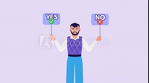 Character animation, Yes or No dilemma. Choice hesitation, doubt, Business decision. Confused, puzzled, doubtful man. Deciding, choosing an option. Positive or negative answer. Stock cartoon style