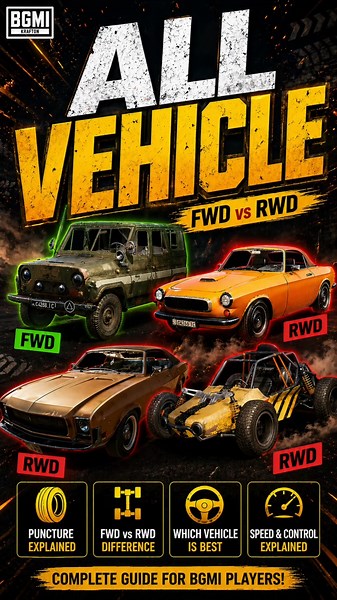 ALL VEHICLES EXPLAINED 💥 (FWD vs RWD)BGMI VEHICLE SECRET 🤯 FWD vs RWD FULL GUIDE ⚡