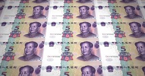 Banknotes of five renminbi chinese rolling, cash money, loop