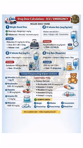 Nclex daily dose on Instagram: "💊 Drug Dose Calculations Made Easy – ICU & Emergency From weight-based dosing to IV infusion & drip rate calculations — master the essentials every nurse must know. 📚 Daily NCLEX prep | 🏥 Critical care ready • #CriticalCareNurse #NCLEXPrep #MedicalEducation #nurselife #neet"