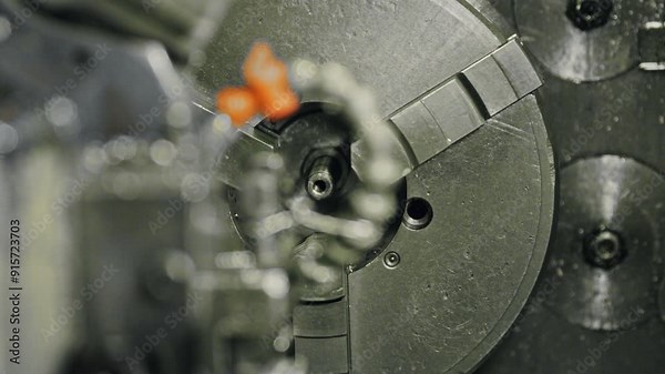 Industrial lathe machine engraving a steel part with precision in a factory setting. Close-up view of cnc machinery at work