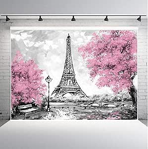 Qian Pink Flowers Trees Eiffel Tower Background for Photography Gray Paris Photo Studio Props Banner Wedding Theme Party Backdrops Vinyl 7x5ft