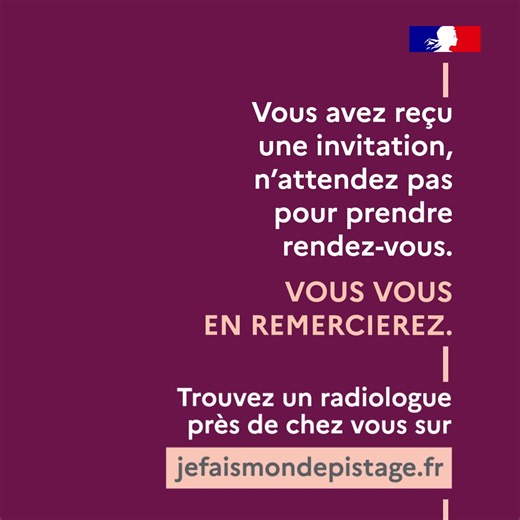 Le dépistage des cancers du sein, ce n'est pas qu'au mois d’octobre ! La personne la mieux placée pour vous convaincre de le faire, c’est vous. Le dépistage des cancers du sein est le meilleur moyen de s'assurer qu'il n'y a rien ou de détecter un cancer à un stade précoce et d’augmenter ainsi les chances de guérison. De 50 à 74 ans, faites-vous dépister tous les 2 ans, vous vous en remercierez. Chaque année, en France, plus de 2,5 millions de femmes se font dépister. Et vous ? 👉 Tout savoir sur