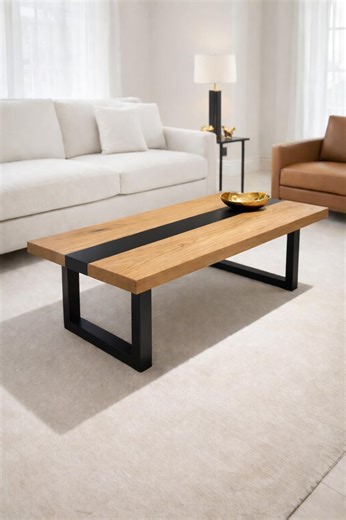 Oak Rectangle Coffee Table With Metal Legs, Solid Wood Contemporary Table - Etsy
