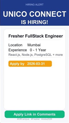 Unico Connect Hiring Fresher FullStack Engineer | Mumbai | Off Campus 2026