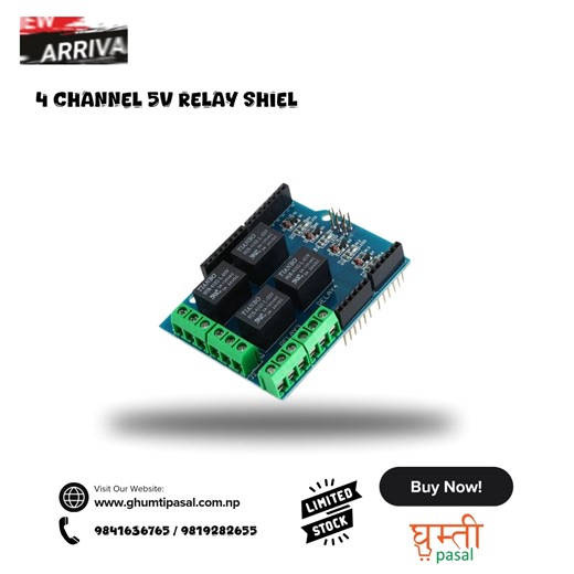 🔌 4-Channel 5V Relay Shield Module – Now Available at Ghumti Pasal! 🔌 Perfect for your Arduino projects, this 4 Channel 5V Relay Control Board is ideal for switching AC/DC loads safely and easily. Compatible with UNO R3 and Mega 2560, it’s a reliable expansion board for home automation, robotics, and DIY electronics. ✨ Specifications & Features: 🔹 Operating Voltage: 5V DC 🔹 Relay Channels: 4 🔹 Relay Rating: Up to 10A @ 250VAC / 10A @ 30VDC 🔹 Compatibility: Arduino UNO R3, Mega 2560 🔹 Opto