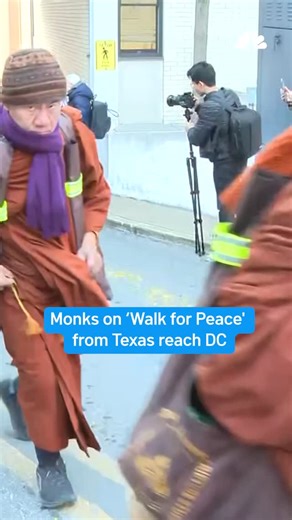 NBC4 Washington on Instagram: "A group of Buddhist monks reached Washington, D.C., on foot Tuesday, walking single file across a bridge over the Potomac River to cap a 15-week trek from Texas that has captivated the country.⁠ ⁠ The monks in their saffron robes have become fixtures on social media, along with their rescue dog Aloka. After spending Monday night at Marymount University in Arlington, Virginia, they crossed over the Chain Bridge into the District of Columbia shortly after 8 a.m. on T