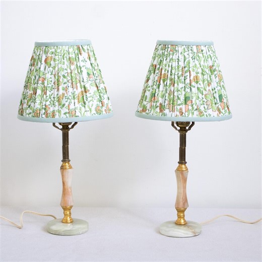 Vintage Alabaster Lamps Orange and Green Stone Bases Floral Pleated Lamp Shades Bedroom Lighting - Etsy