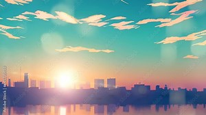 anime style city view, with a beautiful dawn background ,clean 2d loop animation