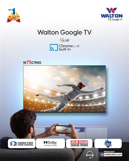 Experience entertainment the way it was meant to be. WALTON Google TV — brings you smarter browsing, richer colors, and a truly effortless viewing experience. W75C9NG MRP: Tk. 144,990 Upgrade your home entertainment with the innovation you trust. | Walton Television