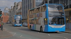 50fps. Double Decker Stagecoach bus in Hull city center. Filmed Hull.UK.05.05.2024