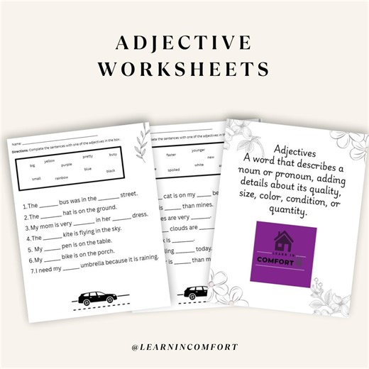 7 Pages of Printable Adjective Worksheets With Answer Sheet - Etsy