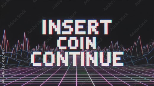 Retro pixel art screen displays insert coin continue message with dynamic VHS glitch effects and an 8 bit wireframe background
