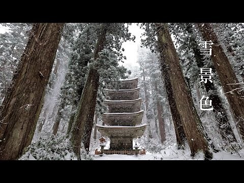日本の冬景色 羽黒山 五重塔 杉並木の石段参道 神宿る雪景色