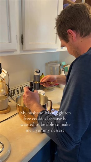 If he wanted to he would 🥹 he said that I cook all of our meals so he should learn how to bake for us 🥰 #husband #baking #glutenfree #peanutbuttercookies