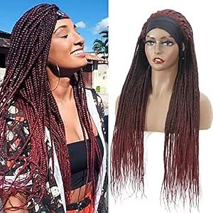 ROSEBONY Box Braided Headband Wigs for Black Women Micro Braids 30 Inch Long Wigs Synthetic Wigs with Small Braids (Tburg#, Headband Box Wig)