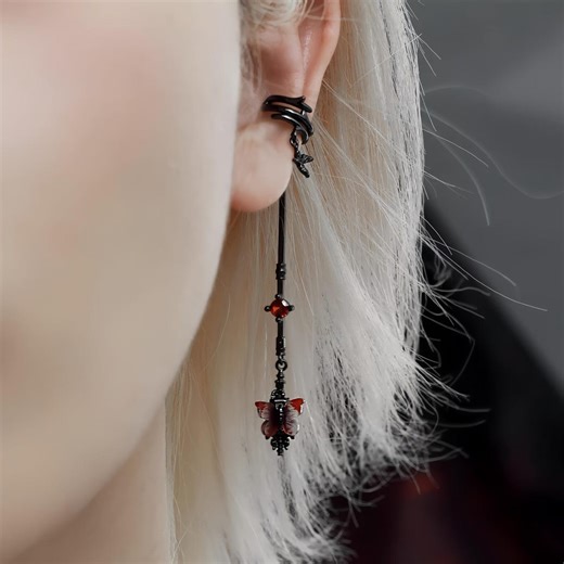 Gothic Red Butterfly Ear Cuff, Black Long Tassel Dangle Earrings, No Piercing Grunge Ear Wrap, Alt Aesthetic Dark Fairycore Jewelry, 1 Pair - Etsy