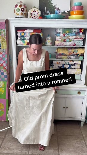 Upcycling an old prom dress into a ✨fancy✨ romper! Shorts and pockets, but still full of class 🥹❤️ #upcycledfashion #refashion