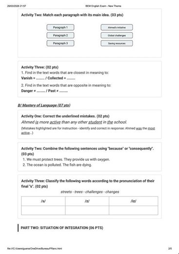 Examen Blanc Anglais BEM2026 النموذج رقم 2