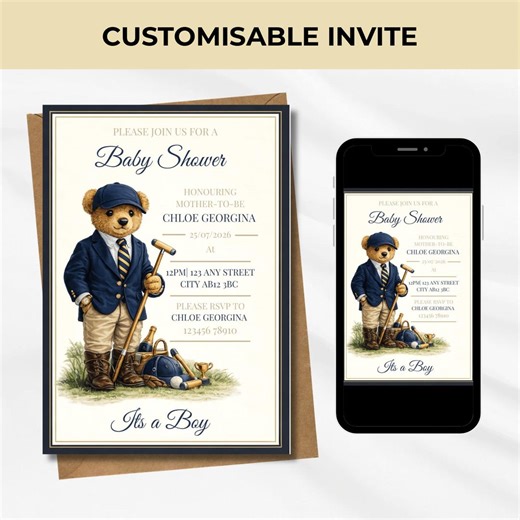Polo Teddy Bear Baby Shower Invitation, Editable Canva Template (digital Download) - Etsy