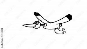 Stork flying cartoon animation on white background. Black and white version isolated. Seamless loop. Good for whiteboard explainer, etc...