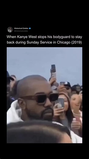 Celeb history | Past & Facts on Instagram: "During Kanye West’s September 2019 Sunday Service in Chicago, he walked through a packed crowd toward the stage and waved off his bodyguard who tried to clear a path, telling him to “stay back” and adding “This is my city.” Instead of relying on security, Kanye simply raised his hands and the audience parted on its own, creating a striking moment that emphasized both his connection to his hometown and the communal, spiritual atmosphere of the Sunday Se
