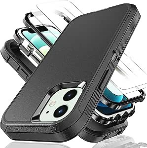 for iPhone 12 mini Case,iPhone 13mini Case with Explosion-Proof Film[2 Pack],3 in 1 Shockproof TPU Hard PC Bumper Drop-Proof Shell for iPhone 12 mini,iPhone 13 mini,Black