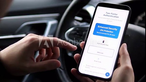 Step by step close up of a person enhancing their account security by setting up two factor authentication (2FA) via an app, culminating in a successful confirmation notification.