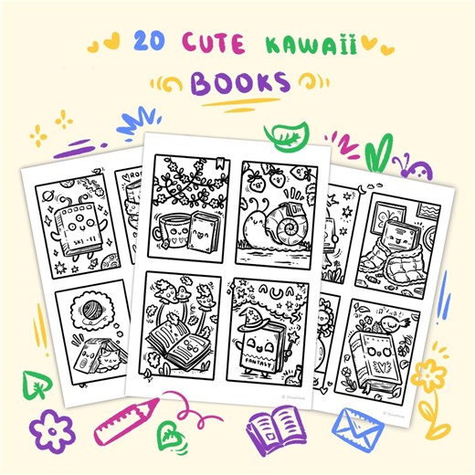 20 Cute Kawaii Book-themed Kawaii Characters | Cozy Hand-drawn Coloring Pages | Printable Relaxing Coloring Pages - Etsy