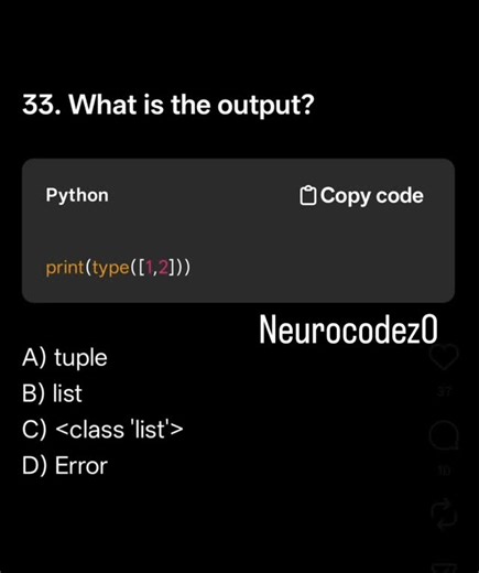 Shobhit Kumar on Instagram: "⚡Daily Python Challenge⚡ Comment your answer now ⬇️ — fastest coder gets pinned 🏆 Ready to level up your coding game? 🚀 “Brands: DM ‘Promo’ for collaboration” Follow @neurocodez0 #neurocodez0 #PythonCoding #PythonProgramming #LearnPython #DailyPython #CodeChallenge #PythonMCQ #PythonDeveloper #PythonForBeginners #CodeDaily #100DaysOfCode #programminglife #CodingQuiz"