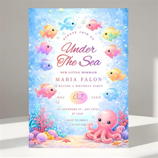 Under the Sea Birthday Invitation, Editable Ocean Birthday Invite, Canva Digital Download