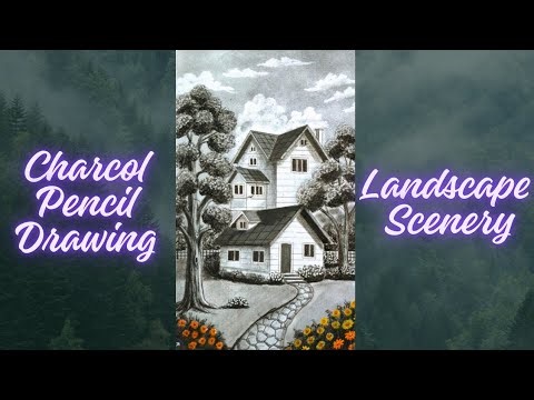 How to Draw a Landscape Scenery with Charcoal Pencils | Step-by-Step Cottage Drawing