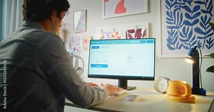 Young man enters text prompt in artificial intelligence app on computer. AI image generator creates detailed photo of cute dog and cat. Advanced AI generated photo creation. Futuristic generative art.