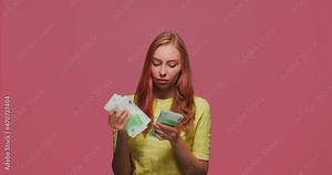 Worried young girl count money. Female counting banknotes, her earning with anxiety. Lack of money concept