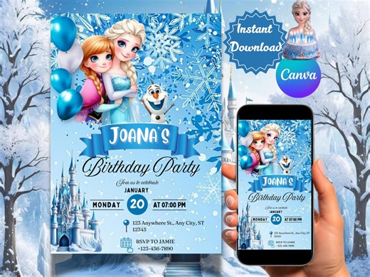 Frozen Elsa Birthday Invitation Template: Editable Canva. Girls Party. Mobile Version Included (digital Download) - Etsy