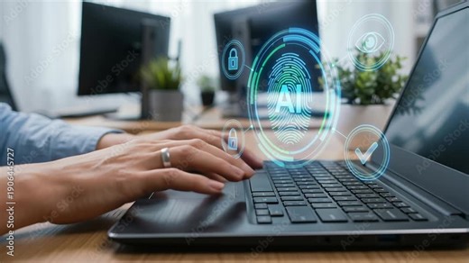 AI digital identity facial recognition login password online security prevents fraud misuse deepfake fake news protection on laptop computer screen typing secure access