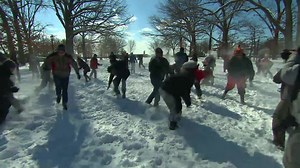Several hundred people got together in DC Tuesday for an epic snowball fight. More: http://nbcnews.to/1FooMQI | NBC News