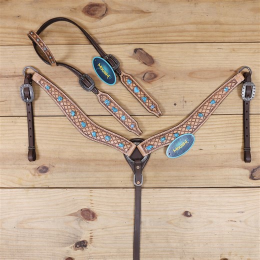 Western Leather Headstall Breast Collar Set: Turquoise Stone Inlay, Full Horse - Etsy