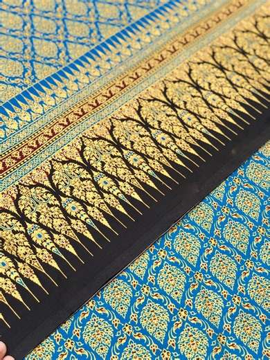 Ayutthaya-style Blue & Gold Damask Thai Cotton Fabric: Traditional Print Sold by Yard - Etsy